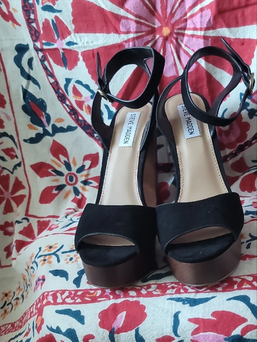 NWOT Steve Madden Black Suede Platform Sandals with Brown Wood-Look Heel